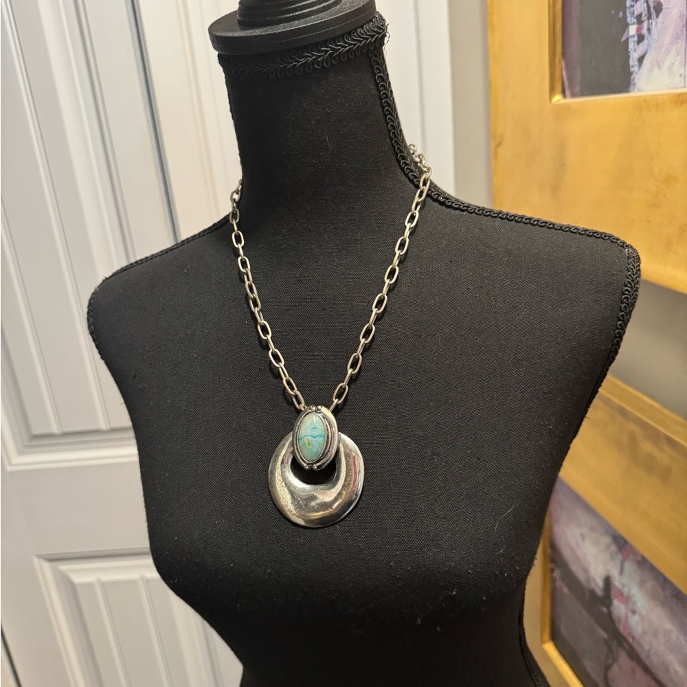 Silver-Tone Necklace with Turquoise Oval Pendant - Unbranded